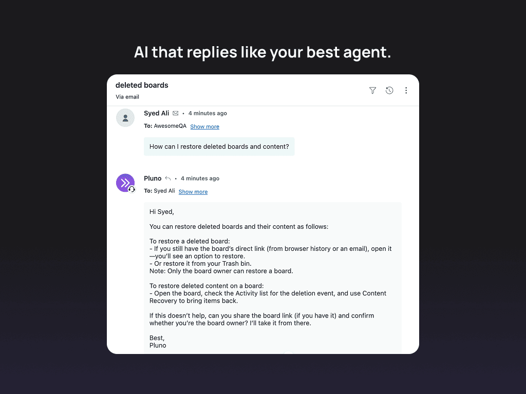AwesomeQA AI automatically replying to a customer support ticket via email
